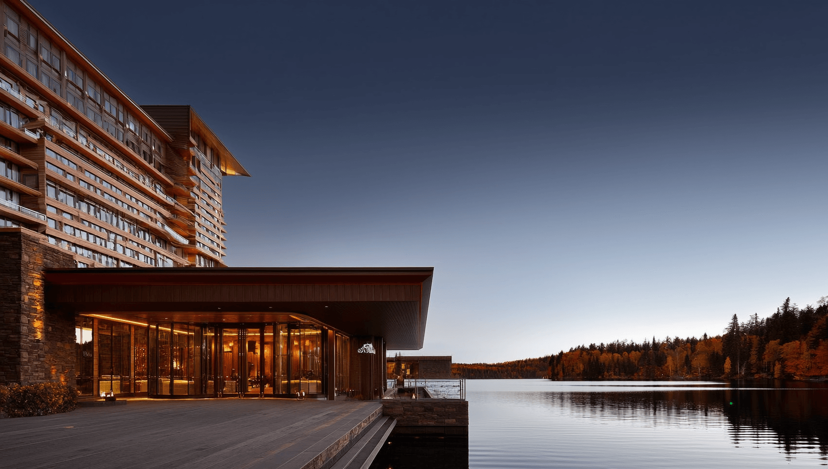 Lucky Seacrestvale Resort & Casino tower and porte-cochère at blue hour, seen across the harbour